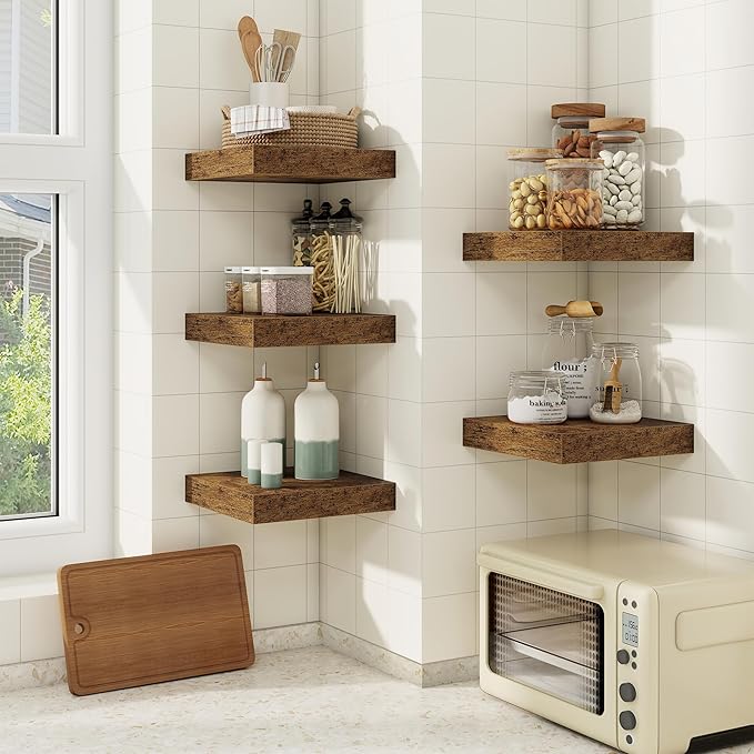 fuqing Floating Shelves for Wall, Wall Mounted Wood Floating Shelf with Invisible Brackets for Living Room, Bathroom, Bedroom, Kitchen Storage and Decor,6.5 Inch Set of 3, Rustic Brown