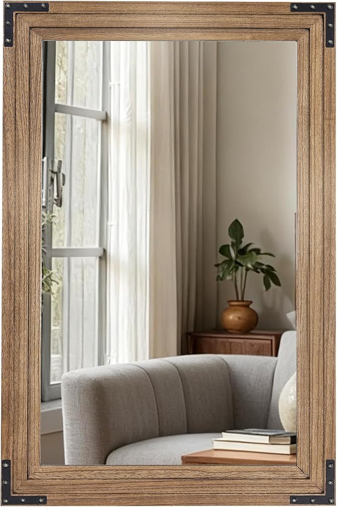 Full Length Mirror 36"x24" Solid Wood Frame Floor Standing Mirror, Hanging or Leaning Wall-Mounted for Living Room, Bedroom, Oak Color