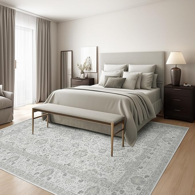 Boho Washable Area Rug Neutral Grey 5x7 Rugs for Living Room, Floral Modern Bedroom Rug Indoor Carpet for Dining Room Kids Room Playroom