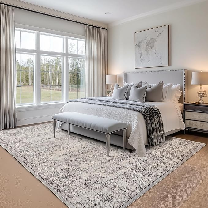 8x10 Area Rugs for Living Room Washable Non Slip Modern Large Rug Soft Faux Fur Low Pile Stain Resistant Vintage Euro Floral Boho Design Big Carpet Rug for Bedroom Dining Room Family Room,Neutral Grey