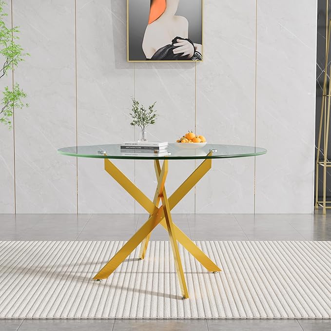 47.25" Round Dining Table for 6, Modern Clear Glass Kitchen Table for 6 with Gold X Metal Legs, Contemporary Small Circle Dining Room Leisure Tables for Kitchen Apartment