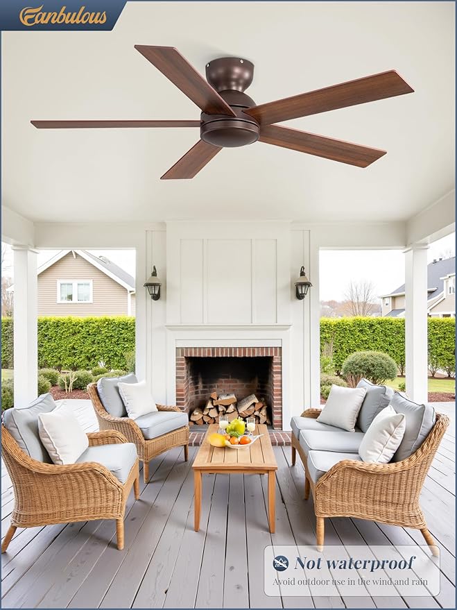 48 Inch Low Profile Ceiling Fan without Lights, Brown Farmhouse Ceiling Fan no Light, 6-Speeds, Quiet Reversible DC Motor, Indoor/Outdoor Ceiling Fans with Remote for Patio, Living Room, Bedroom