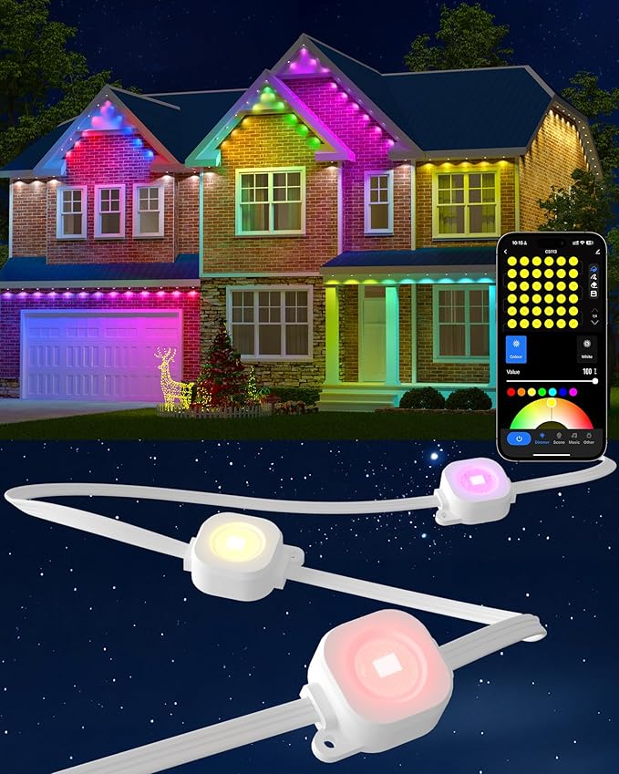 Gefolly Permanent Outdoor Lights Pro, 200ft with 120 RGBW Double-LED Light 111 Scene Modes for Daily, Halloween, Christmas, IP67 Waterproof for Outdoor Decor, Works with Alexa, Google Assistant, White