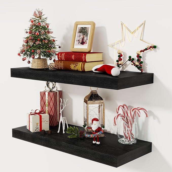 Fun Memories Black Floating Shelves 30" W x 12" D, 12 Inch Deep Floating Shelf for Books, Bathroom, Living Room, Rustic Wood Wall Shelves, 2 Inch Thicked Storage Shelf for Home Storage, Set of 2