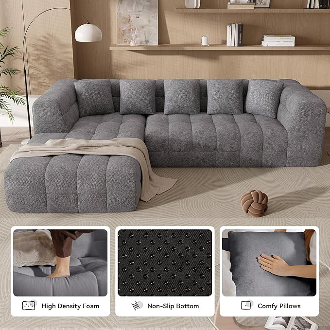 107" Boneless Couch with L - Shaped Chaise, Modern Chenille Modular Sectional Sofa with Tufted Design, Comfy Upholstered Sofa, No - Assembly Sectional Couch, Dark Grey