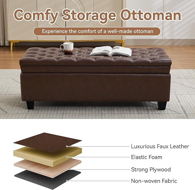 50" Faux Leather Storage Ottoman Bench, Upholstered Rectangle End of Bed Storage Ottoman Tufted Living Room Bedroom Bench with Safety Hinge, Solid Wood Legs, Loads 500 lb(Dark Rrown)