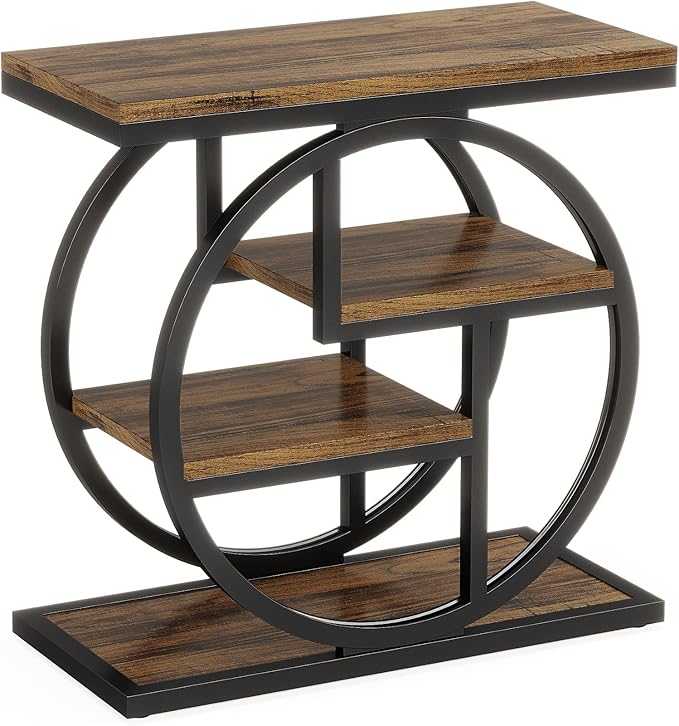 Tribesigns End Table Set of 2, 4-Tier Narrow Side Table with Storage Shelves, Wood Small Sofa Side Table with Geometric Metal Frame, Industrial Bedside Table for Bedroom, Living Room, Rustic Brown