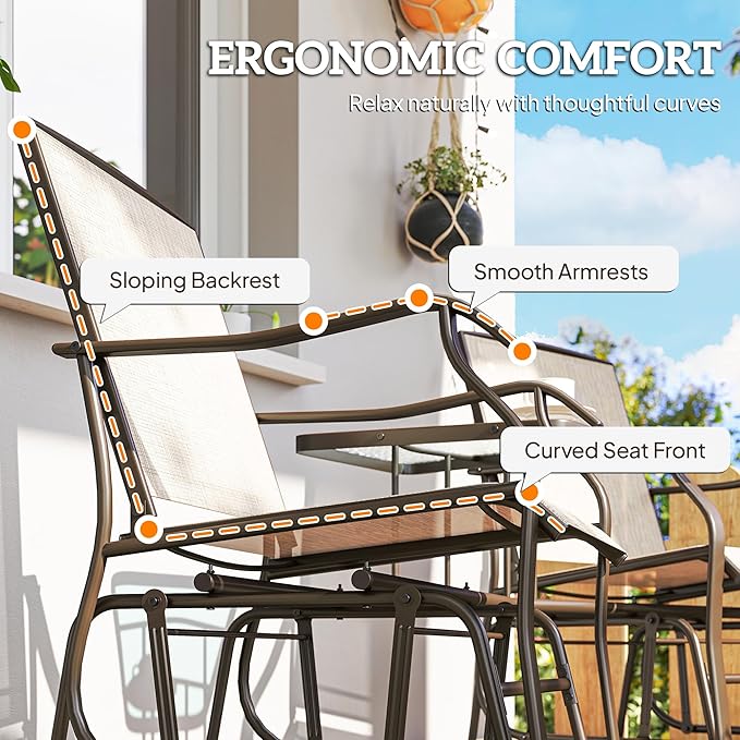 Outsunny Outdoor Glider Chairs with Coffee Table, Patio 2-Seat Rocking Chair Swing Loveseat with Breathable Sling for Backyard, Garden, and Porch, Light Brown