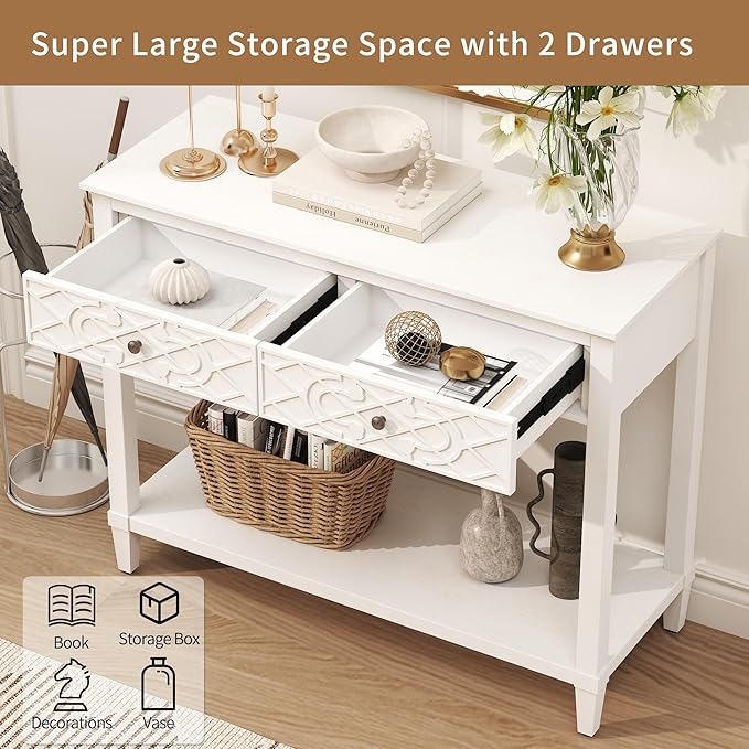 40" Console Table with Drawers, Vintage Entryway Table with Shelf, Charming Carved Motifs, Solid Pine Wood Legs, Accent Sofa Table for Living Room, Painted, Drawers Pre-Assembled, Distressed White