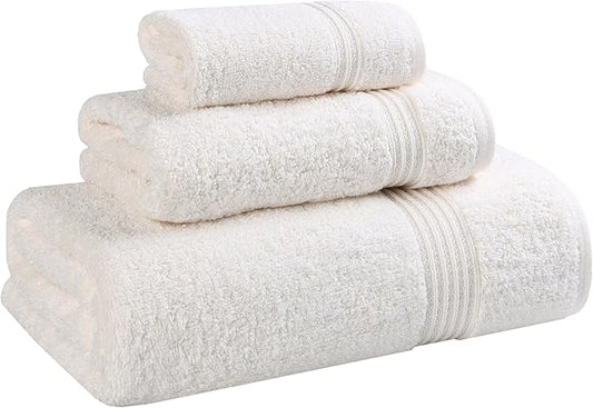 Superior Egyptian Cotton 3-Piece Towel Set, Basic Towels For Bathroom, Home Decor, Guest Bath, Shower, Apartment, Included 1 Face, 1 Hand, 1 Bath Towel, Washcloth, Quick Dry, Ivory