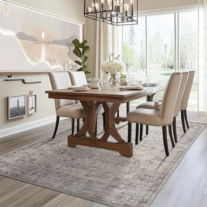 Neutral Modern Area Rugs 6x9 Machine Washable Living Room Rug Non Slip with Rubber Backing Soft Faux Fur Low Pile Stain Resistant Boho Floral Carpet Rugs for Bedroom Dining Room Kids Room Office,Grey