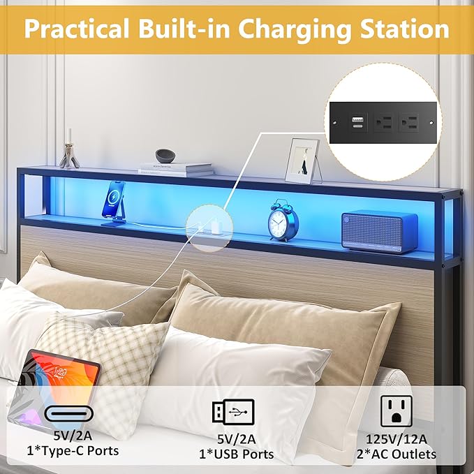 Lifezone Full Bed Frame with 2-Tier Storage Headboard, Metal Platform Bed Frame with 4 Storage Drawers, Built in Charging Station & LED, Noise-Free/Metal Support/No Box Spring Needed, Beige