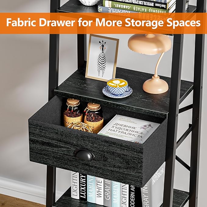 Furologee 5 Tier Bookshelf, Ladder Shelf with Drawer, Tall and Narrow Bookcase, Storage Shelves Organizer,Industrial Display Standing Units for Bathroom,Kitchen,Bedroom,Living Room,Black Oak