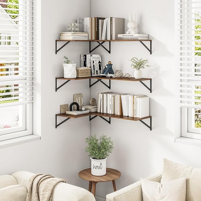 24"W x 12"D Wall Shelves for Books, 12 Inch Deep Floating Shelves Set of 3, Wide Floating Bookshelf with Metal Bracket for Living Room, Kitchen, Office, Bedroom and Decor Storage - Rustic Brown