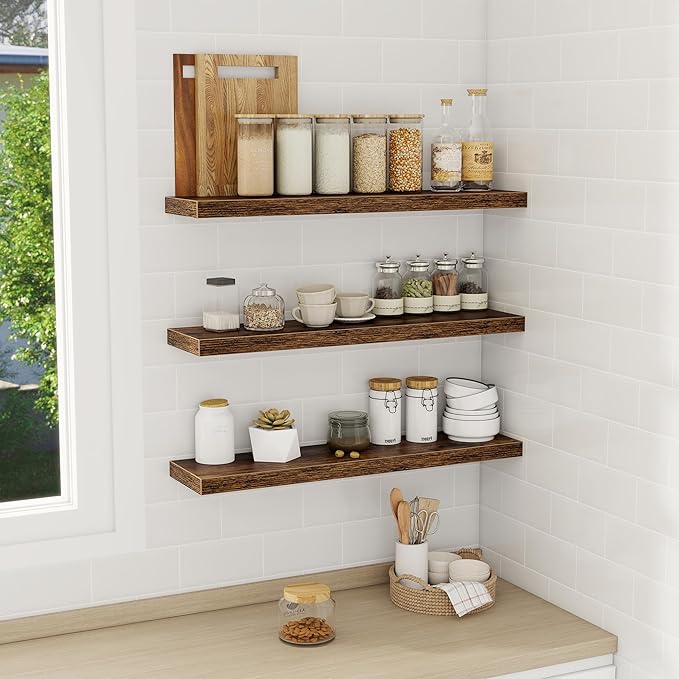 Floating Shelves Wall Shelf 30 Inch Long, Rustic Wood Bathroom Shelves 30 Inch, Farmhouse Home Decor Kitchen Living Room Bedroom Shelves Wall Mounted, 30 x 6.7 x 1.4 Inch, Set of 3, Rustic Brown