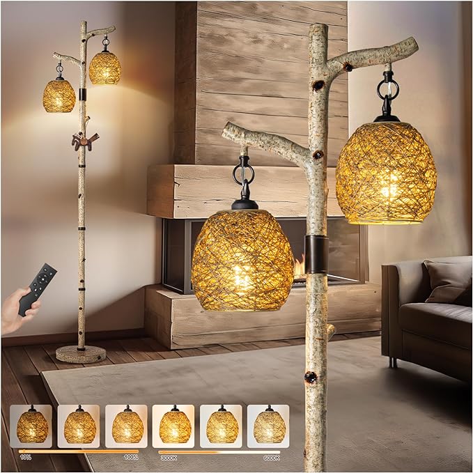 Scenekoy 68.5" Rustic Farmhouse Remote Control Switch Birch Tree Floor lamp with Bird Nest Lantern Shade Vintage Standing Lamp for Living Room Bedroom Hotel Bar Office Wood House(Bulb Included)