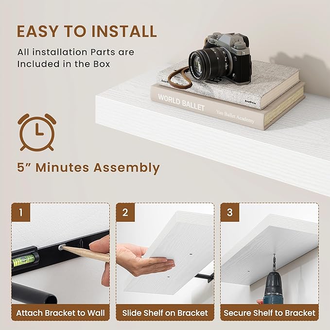 fuqing Floating Shelves for Wall, Wall Mounted Wood Floating Shelf with Invisible Brackets for Living Room, Bathroom, Bedroom, Kitchen Storage and Decor, 32 Inch Set of 2, White