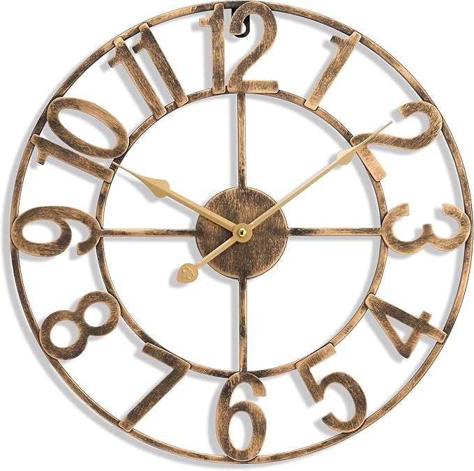 Sorbus 16-Inch Large Wall Clock – Decorative Brown Metal Clock with Gold Hands – Silent, Battery Operated, Modern Wall Decor for Living Room, Kitchen, or Office - Great Gift for Housewarming or Office
