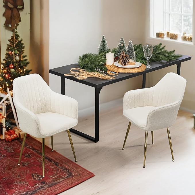 ECOTOUGE Teddy Velvet Dining Chairs Set of 2, Modern Arm Chair with Golden Metal Legs, Fluffy Boucle Sherpa Accent Chairs for Kitchen, Cream White
