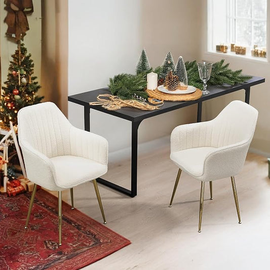 ECOTOUGE Teddy Velvet Dining Chairs Set of 2, Modern Arm Chair with Golden Metal Legs, Fluffy Boucle Sherpa Accent Chairs for Kitchen, Cream White