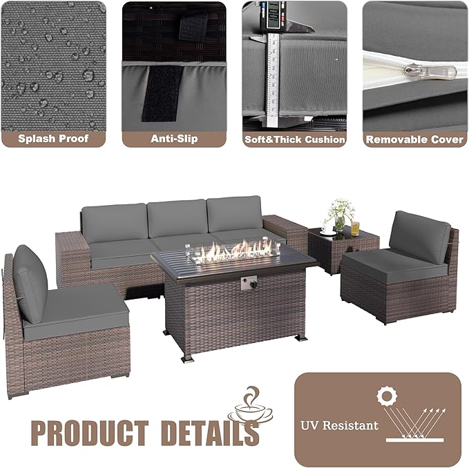 Kurapika 7 Pieces Patio Furniture Set, Rattan Wicker Outdoor Conversation Sets w/43in Propane Fire Pit Table and 4 Inch Cushion(Grey)