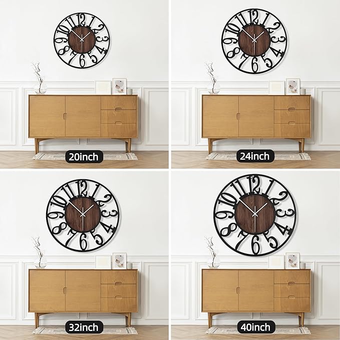 Maxstar Large Round Wall Clock for Living Room Decor Battery Operated Non Ticking Black Metal Wood Clocks for Home Living Room Garden Office Kitchen Decoration -40inch