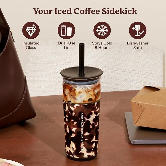 REDUCE Aspen 20 oz Vacuum Insulated Glass Tumbler with Lid & Extra Wide Straw - Keeps Drinks Cold for 12 Hrs - Ideal for Iced Coffee, Smoothies & Boba - Dishwasher Safe, Soft Base - Blonde Tortoise