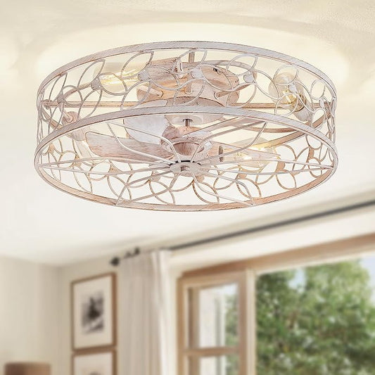 LEDIARY 23 Inch Caged Ceiling Fans with Lights, White Flush Mount Ceiling Fan with Remote, Large Low Profile Bladeless Ceiling Fan Light Fixture for Bedroom, Kitchen, Dining Room-White Gold Color
