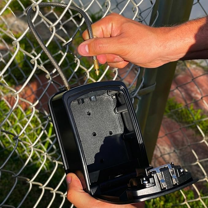 Iron Lock® Key Lock Box Portable with Cable Shackle & Wall Mount – Waterproof Heavy Duty Metal Lock Box for Keys with 4-Digit Combination Code on Door Knob, Fence, Pipe or Gate (Black, XXL)