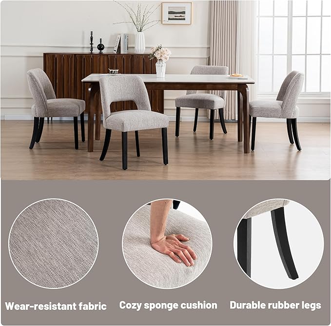 VKNOW Wooden Dining Chairs Set of 2, Modern Fabric Upholstered Dining Room Chair Kitchen Chairs, Farmhouse Dinner Chair for Kitchen Dining Room, Grey-Black Legs