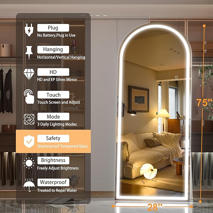 Hasipu 75" x 28" Led Mirror Full Length, Arch Mirror Full Length with Lights, Floor Full Body Glass with Stand,Tempered Glass,Shatter-Proof, Dimming & 3 Color for Bedroom Cloakroom-UL