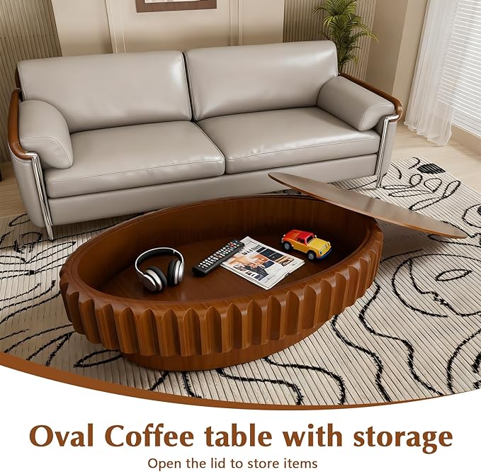 43.3" Oval Drum Coffee Table with Storage Modern Unique Fluted Tea Table Contemporary Wood Oval Coffee Table Centr Table for Living Room Apartment (brown-43.3in)