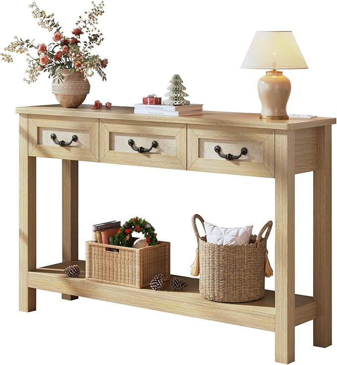 47.2" Console Table with 3 Rattan Drawers, Long Sofa Table with Storage Behind Couch, Modern Entryway Table with Power Outlet & Open Shelf for Entrance/Hallway/Foyer/Living Room, Natural