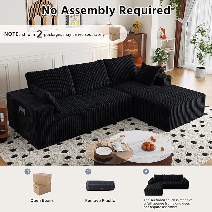 108" Sectional Couches for Living Room, Modular Sectional Sofa with L-Shape Chaise, Boneless Couch, Comfy Corduroy Fluffy Couch with Deep Seat and Side Pockets, No Assembly Required