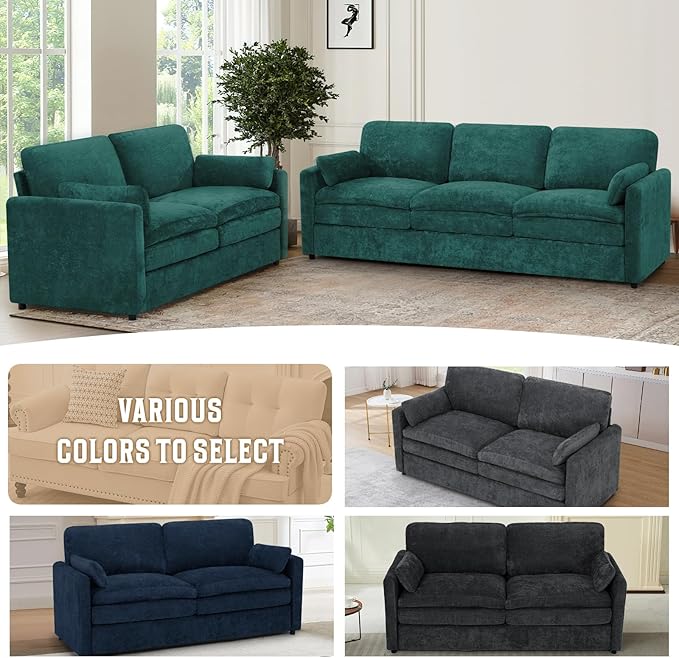 69" Chenille 2 Seats Sofa with 2 Pillows, Modern Upholstered Sofa with Deeper Seats, Comfy Sofa with Thickened Cushions for Living Room, Apartment,Teal