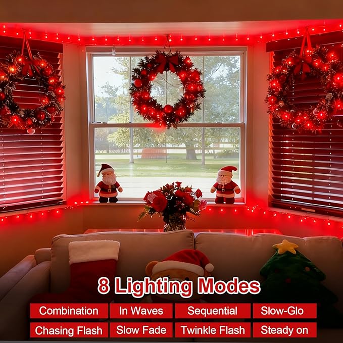 QITONG 165ft 500 LED Red Christmas Lights, Clear Wire Outdoor String Lights Plug in, 8 Modes Twinkle Xmas Light Indoor