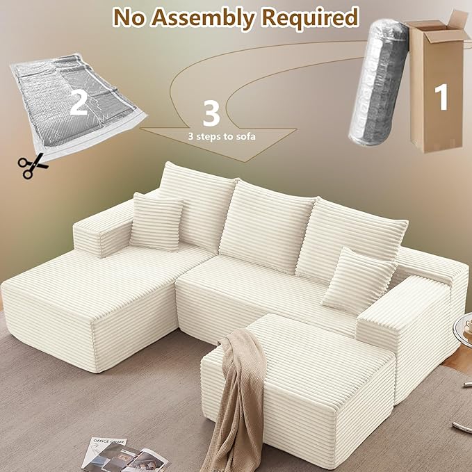 107" L-Shape Sofa with Ottoman, Modern Modular Sectional Comfy U-Shape Cloud Couch, Deep Seat, Upholstered Corduroy Sleeper Chaise Longue for Living Room Bedroom, No Assembly Required, White