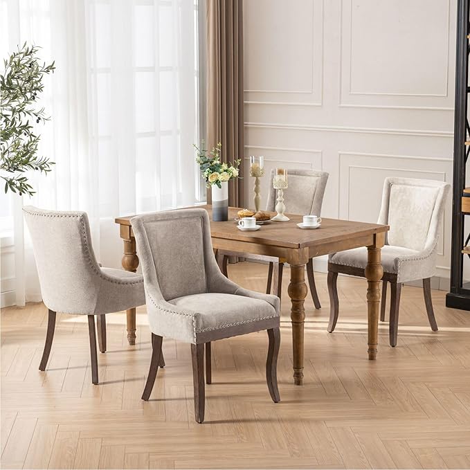 Farmhouse Dining Chairs Set of 6, Upholstered Fabric Dining Room Accent Chairs with Wood Legs & Bronze Nailhead, High Wingback Kitchen Chairs for Living Room Hotel Apartment, Beige