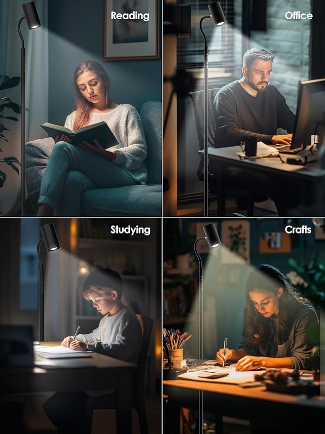 Dual-Side Floor Lamp for Living Room, 17W Tall Standing LED Lamp with Remote, 5 Color Temps & RGB Ambient Modes, Dimmable Reading Lamp with Gooseneck, Modern Black Corner Lamp for Bedroom Home Office