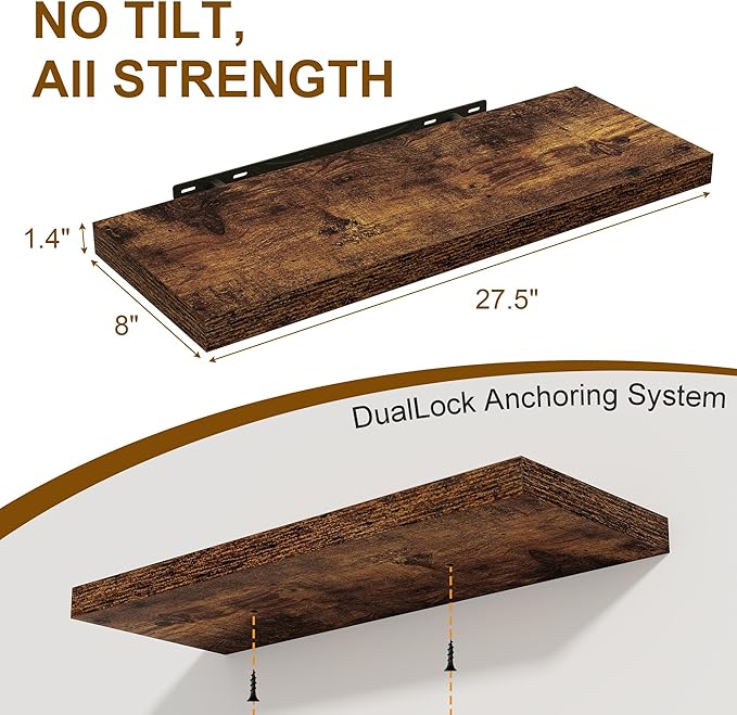 Floating Shelves for Wall, 27.5 Inch Bathroom Shelves Set of 2, Rustic Wood Wall Shelf with Invisible Brackets for Books|Storage|Decor, 8 Inch Deep Floating Shelf for Bedroom|Kitchen, Rustic Brown