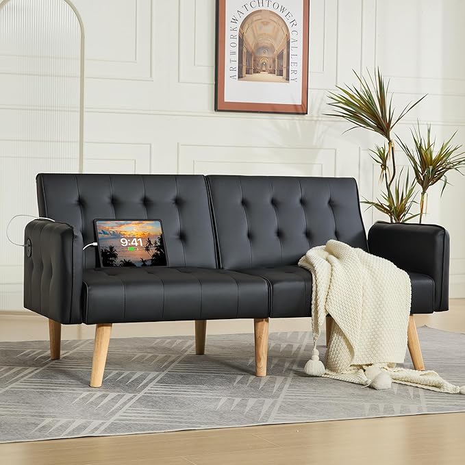 TYBOATLE Faux Leather Convertible 65'' Folding Futon Sofa Bed w/ 2 USB, Loveseat for Small Space, Apartment, Dorm, Living Room, Office, Black