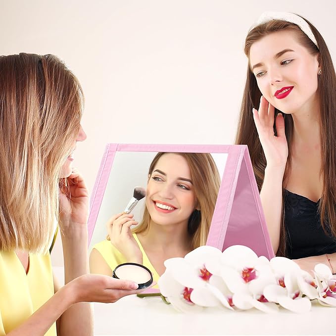 ROYALAY Foldable Full Length Mirror with Handle, 47 * 13in Four-fold Portable Mirror for Travel Makeup Dancing and Fitting Clothes, Pink