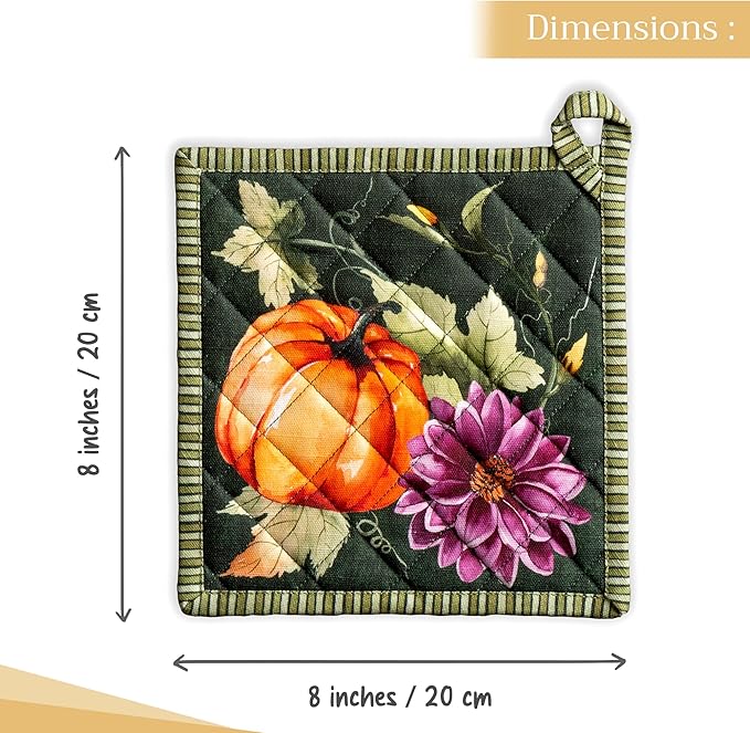 Maison d' Hermine Pot Holders Set 100% Cotton Heat Resistant Potholders 8" x 8" Hot Pads with Loop for Thanksgiving Christmas Decorations Handling Hot Pans (Pack of 2, Pumpkin Garden - Dark Green)