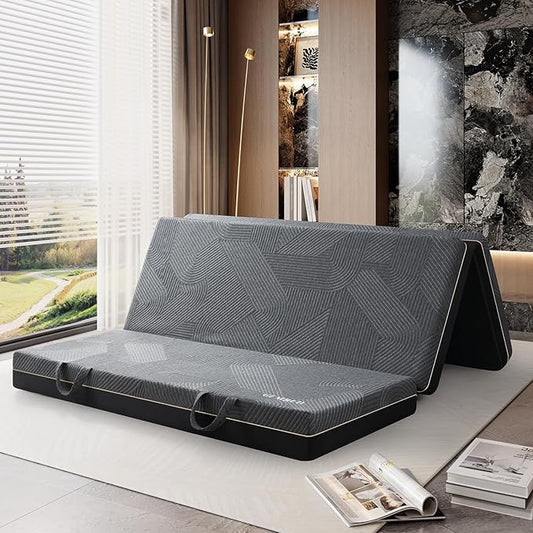 Tri Folding Mattress King Size - Memory Foam Tri-fold Mattress, Handle & Non-Slip Bottom, Portable Foldable Sofa Bed Floor Chair for Travel RV Camping Guest Yoga - 6 Inch, 80"x76"x6"