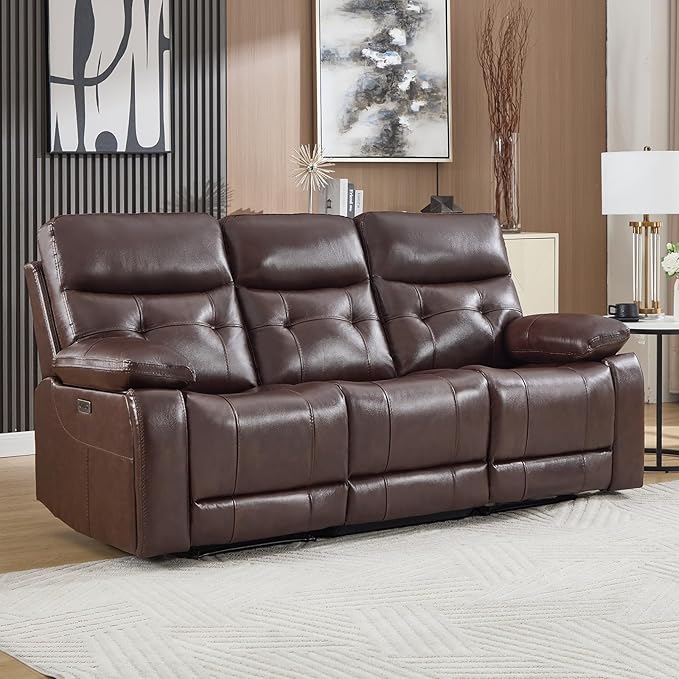 CANMOV Genuine Leather Power Recliner Sofa,3 Seater Reclining Sofa with Comfortable Arms and Back,Modern Electric Recliner Couch Set with Hidden Cup Holders,USB Port for Living Room,Dark Brown