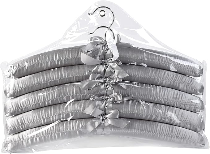 Grey Satin Padded Sweater Hangers 5 Pack, Blouse Hanger with Thick & Soft Foam for Bridal Wedding Dress Lingerie, Smooth Silk Covered Shirt Hanger Without Shoulder Bump