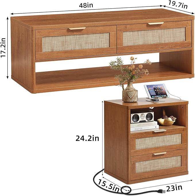 LEYAOYAO Boho Rattan Coffee Table and End Table Sets, 48" Wide Center Tables & 23" Night Stand with Charging Station Chest of Drawers, Brown Wood Coffee Table for Living Room 2 Piece Set