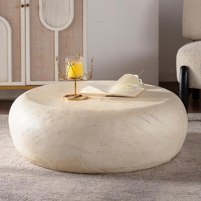 35.43" MgO Round Centre Coffee Table Vintage Faux Stone Sofa Pre-Modern Coffee Tables for Living Room Office Apartment,Beige