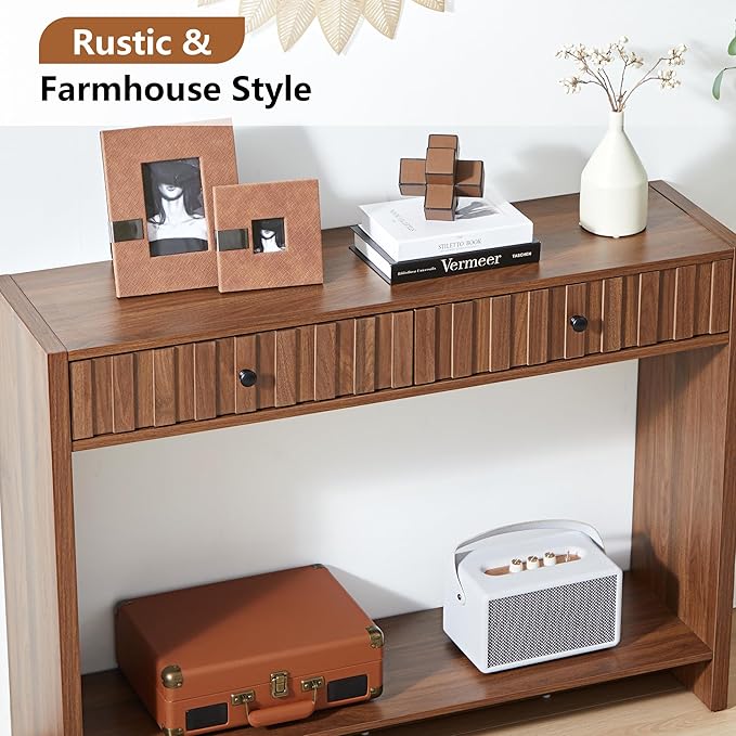 AVZEAR Entryway Console Table with Fluted Drawers, Mid Century Entryway Table with Storage, 43" Long Couch Table Behind Sofa Narrow Sofa Table Console Tables for Living Room Hallway Entrance, Walnut