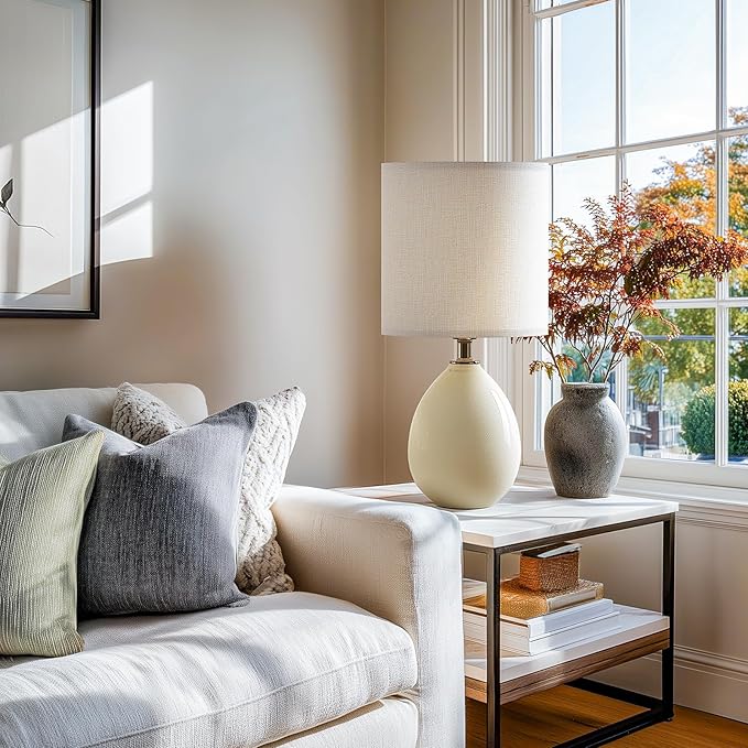 18.5" Table Lamp Set of 2 for Living Room Bedroom, Bedside Lamps for Night Stands, Desk Nightstand Lamp Dimmable, Modern Linen Cream Ceramic Lamps